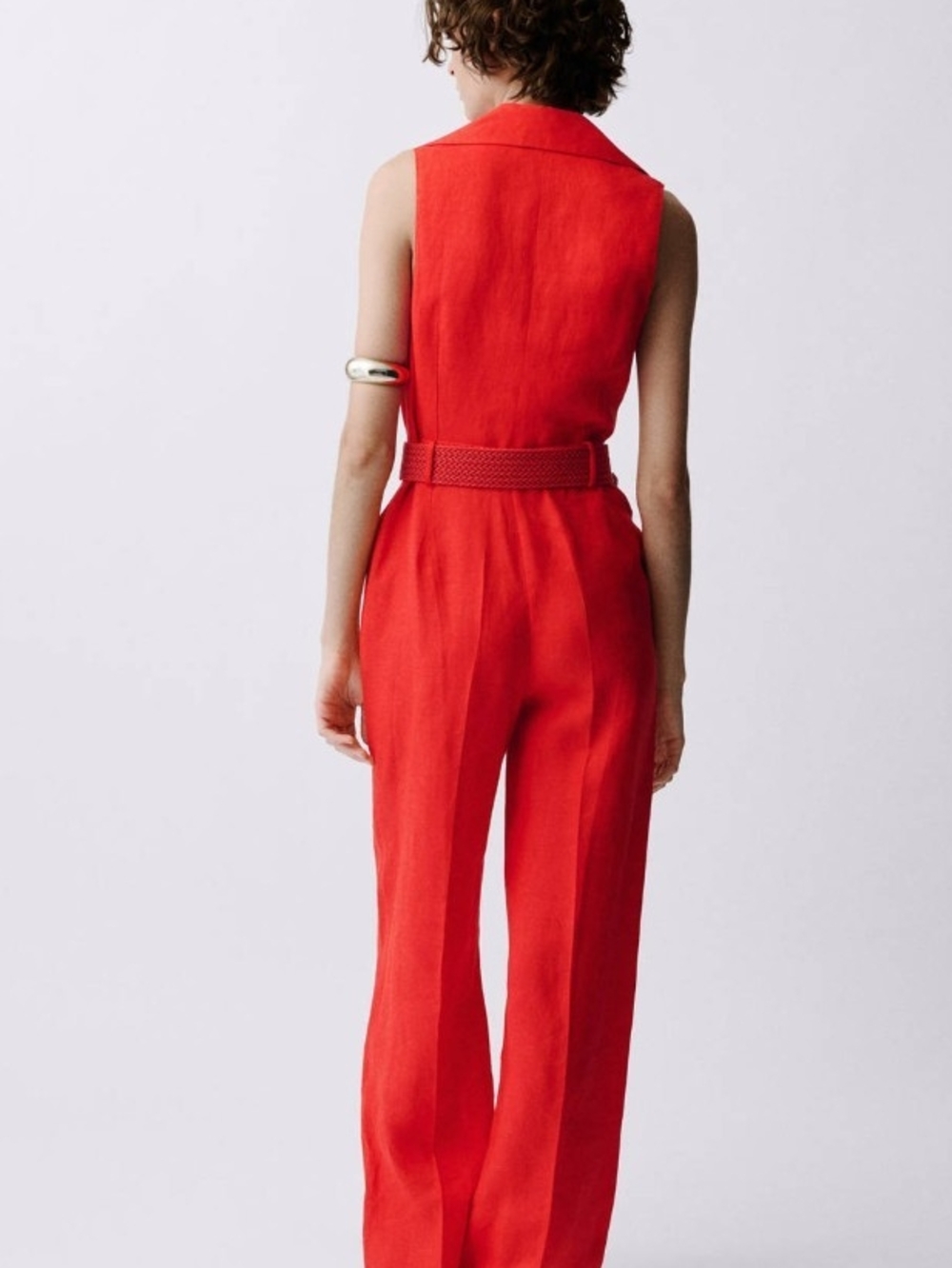 Mango Linen Red Wide-Leg Jumpsuit with Woven Belt Size Medium NEW - Picture 5 of 5